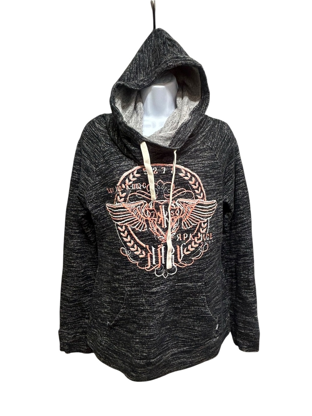 Karv Kellie Black Marled Funnel Neck Hoodie Pullover French Terry Top Size M